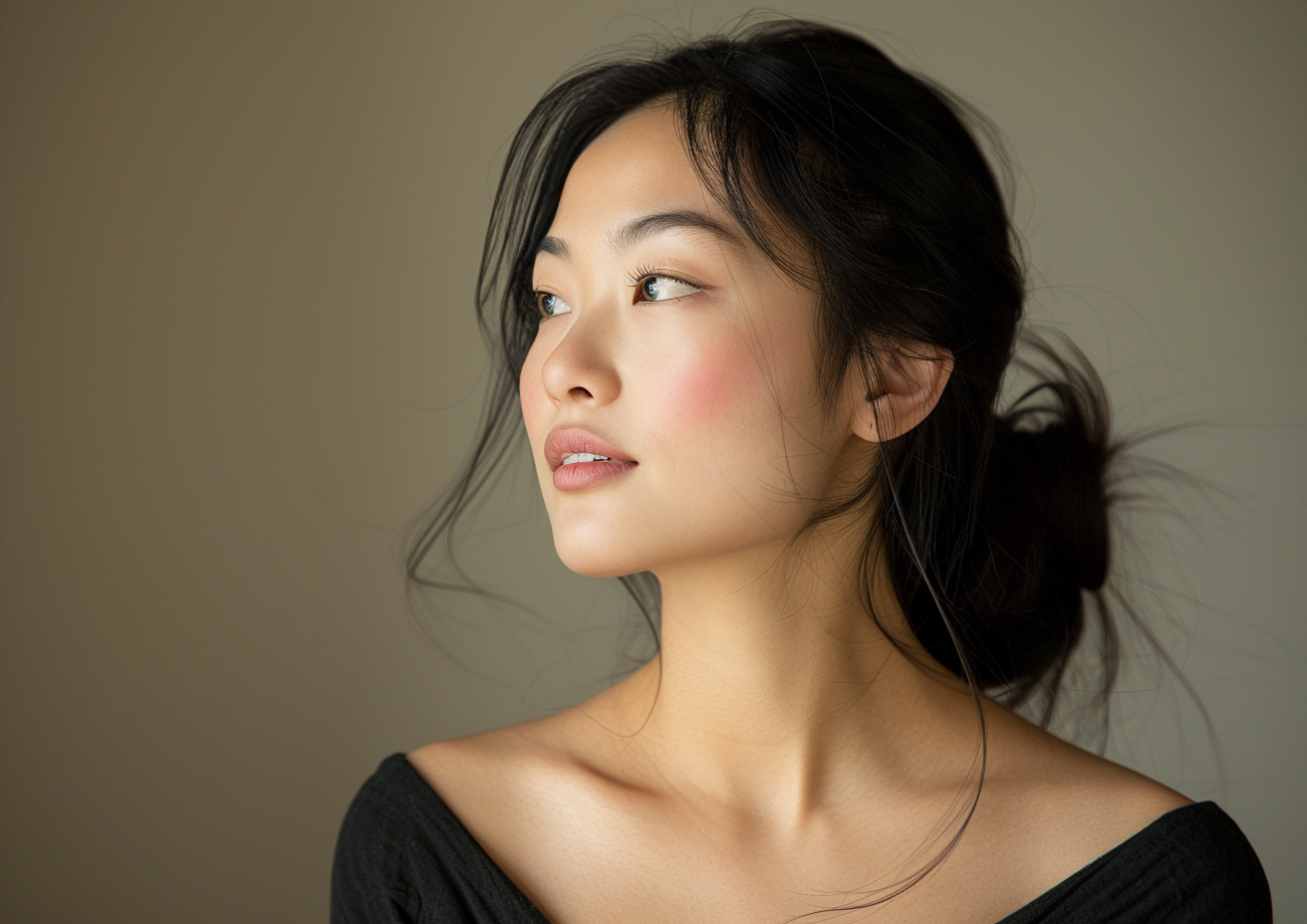 Woman with dark hair in a low bun, looking off-camera. She wears a black top and a delicate necklace.