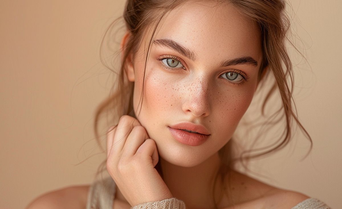 Woman with fair skin, green eyes, and freckles, posing with hand near face. Soft, neutral background.