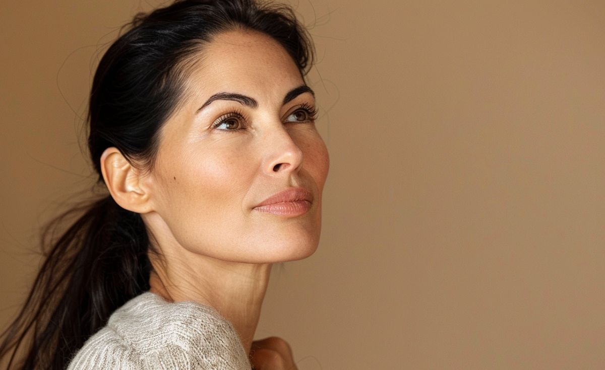 Woman with long, dark hair and freckles, wearing a black turtleneck, looking at the camera.