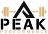 Logo for Peak Performance: Black and gold. An inverted triangle with a barbell above the word "PEAK". "PERFORMANCE" is below.