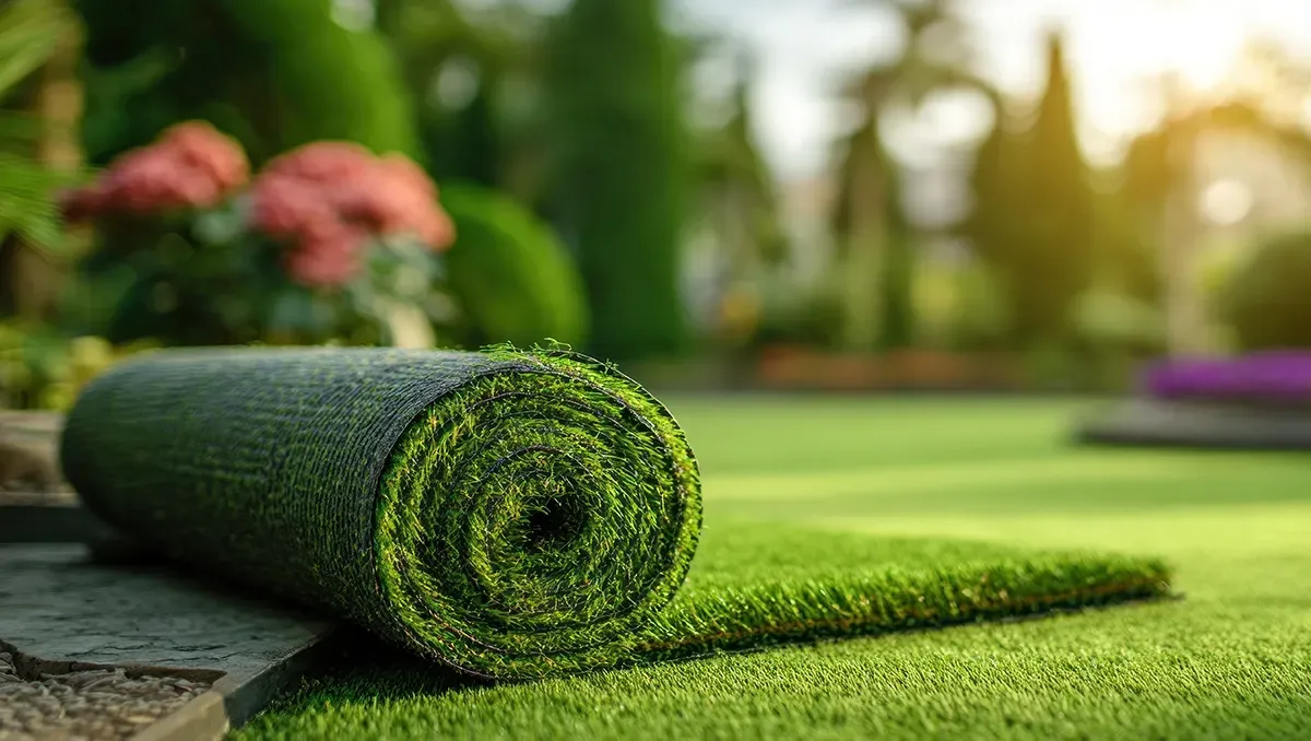 Rolled green artificial grass carpet on a lawn with sunlight and blurred garden flowers in the background
