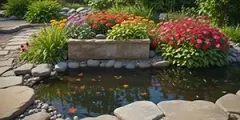 A tranquil garden pond with a stone border, surrounded by vibrant red, orange, and green plants in a stone planter.