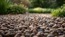 A close-up of rounded brown garden pebbles covering the ground, with soft-focus green plants in the background.