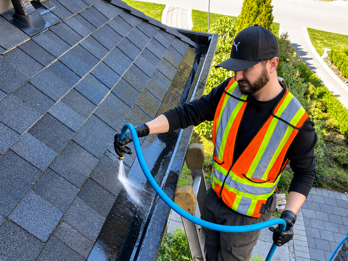 Worker in safety vest using a hose to clean a shingled roof