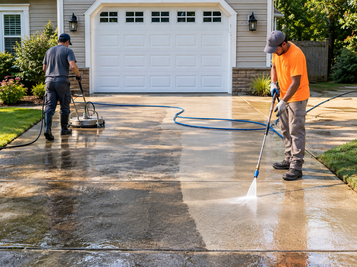 Wet concrete pouring from a truck chute onto a construction site, forming a gravelly slab surface