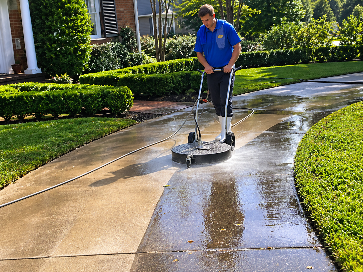 Person pressure-washes a wet driveway beside a manicured lawn and house.