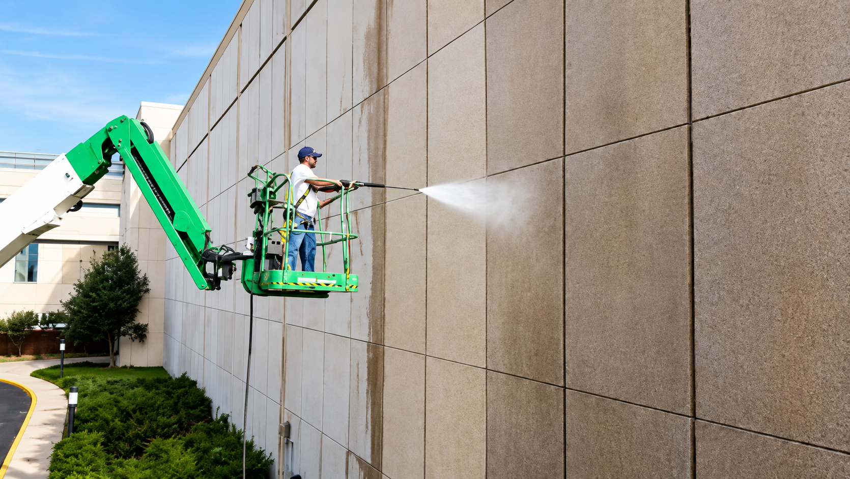 Construction workers pouring concrete at a building site, with a truck in the background