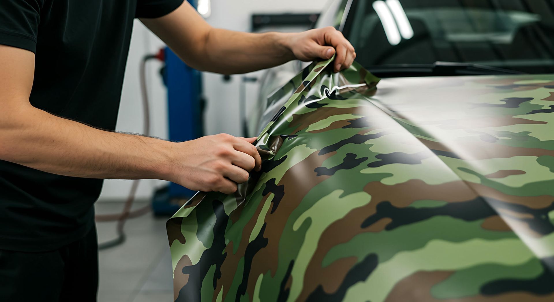 Person applying camouflage car wrap to a vehicle's hood. Green, brown, and tan pattern.