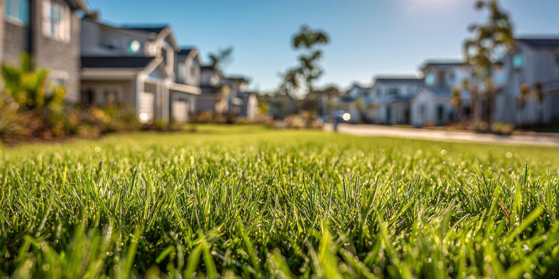 Low-angle view of a green lawn in a suburban neighborhood with houses blurred in the background Low-angle view of a green lawn in a suburban neighborhood with houses blurred in the background