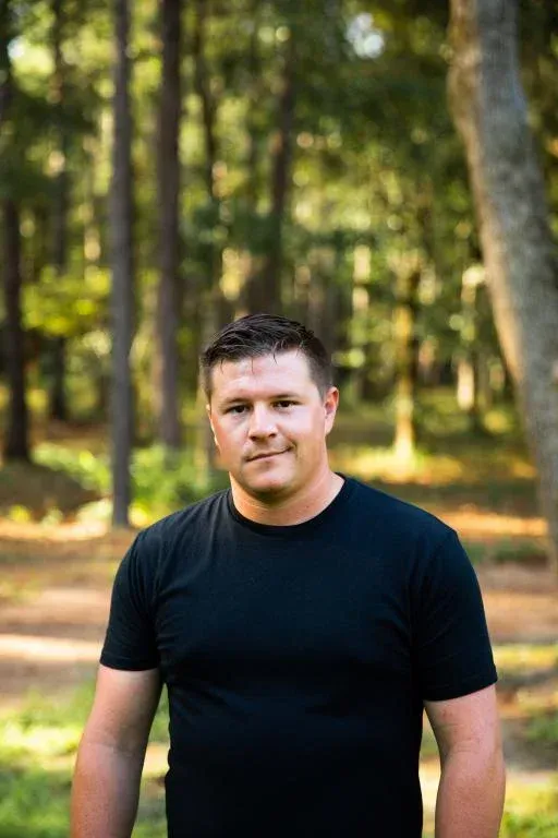 Man in a black T-shirt standing in a sunlit forest with tall trees behind him