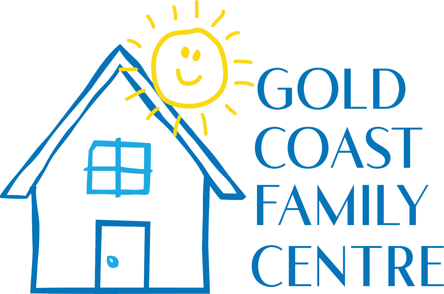 A logo for gold coast family centre with a house and sun