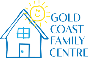 A logo for gold coast family centre with a house and sun