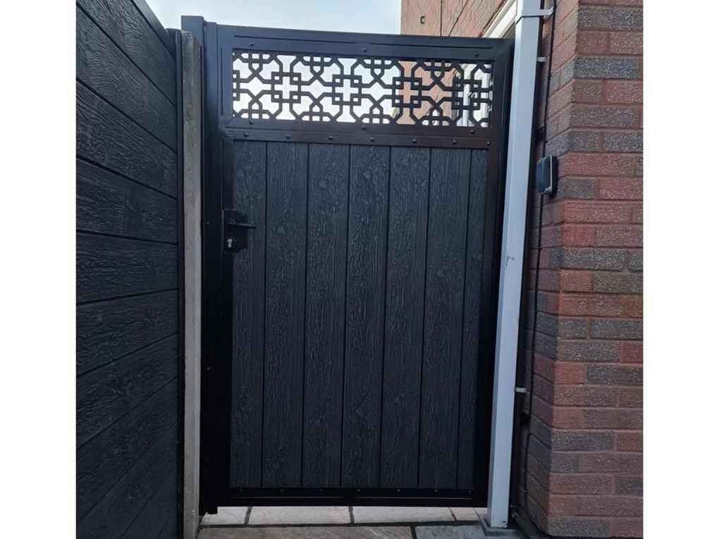Composite side gate with a decorative perforated screen panel above the boards
