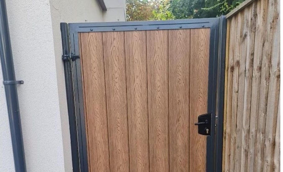 composite gates uk light oak composite boards with grey metal frame composite garden gate