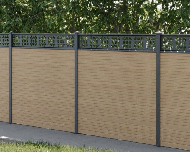 Composite Gates UK anthracite grey decorative trellis on top of natural timber composite fencing