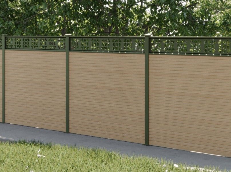 Composite Gates Olive Green decorative trellis on top of natural timber composite fencing