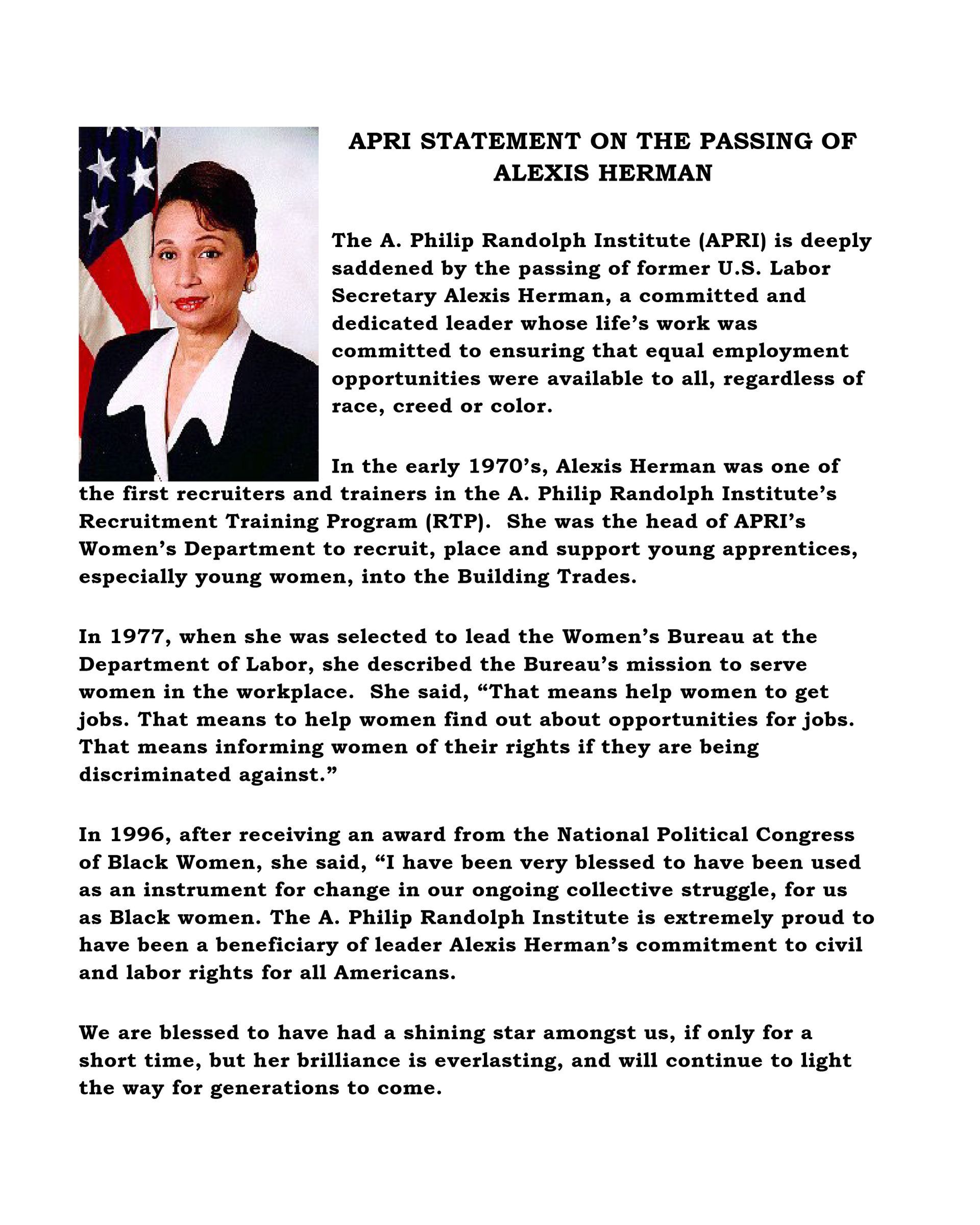 APRI Statement on the passing of Alexis Herman