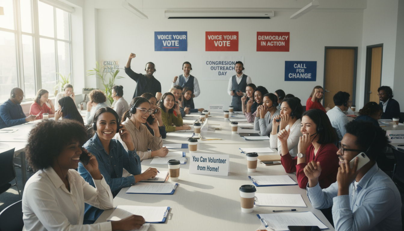 A variety of happy people at a phone-bank calling