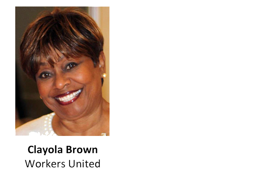Portrait of Claylor Brown smiling, labeled “Workers United” underneath