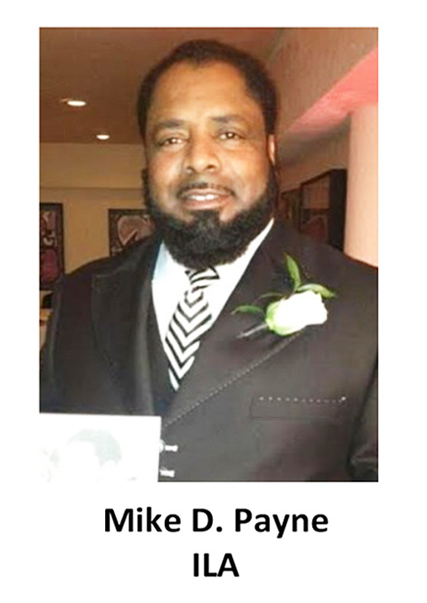 Portrait of Mike D. Payne in a black suit with a white striped tie and boutonniere, labeled ILA.
