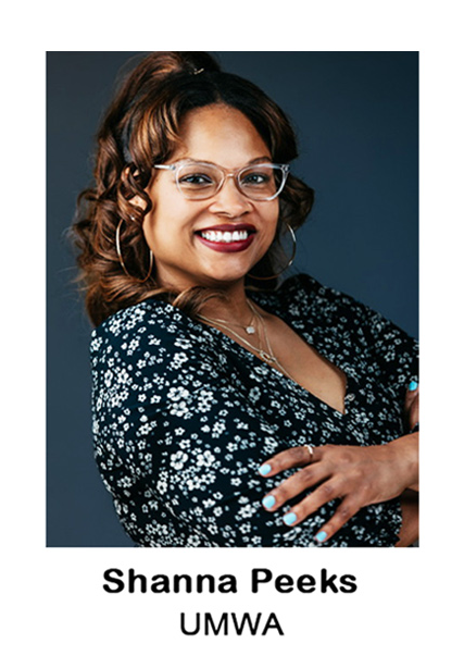 Portrait of Shanna Peeks smiling in a floral dress, with UWMA beneath her name