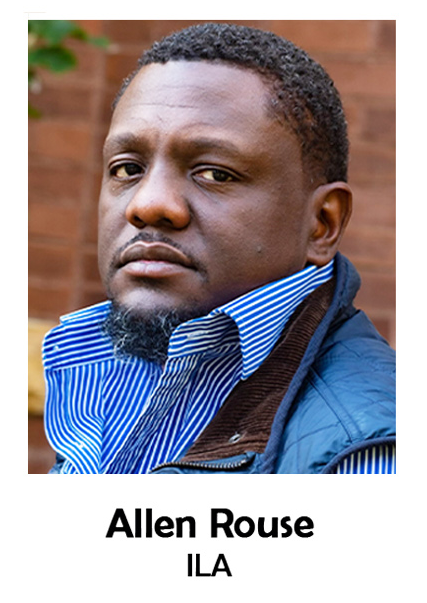 Portrait of a man in a blue striped shirt against a brick background, labeled “Allen Rouse” and “ILA”