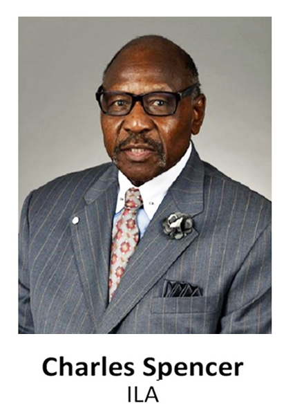 Portrait of Charles Spencer in a gray pinstripe suit, patterned tie, and glasses, with ILAE caption below