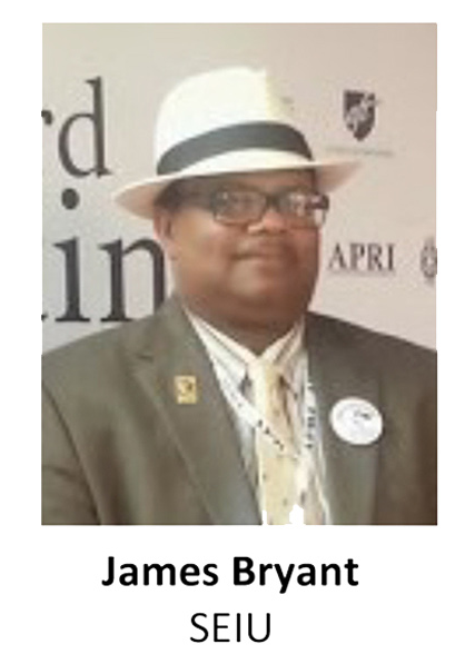Portrait of James Bryant in a white fedora, glasses, dark suit, and striped tie, with SEIU text below