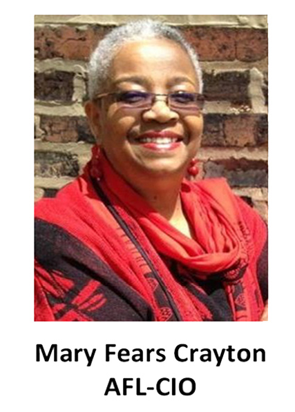 Mary Fears Crayton smiling in glasses and a red scarf against a brick wall, labeled AFL-CIO