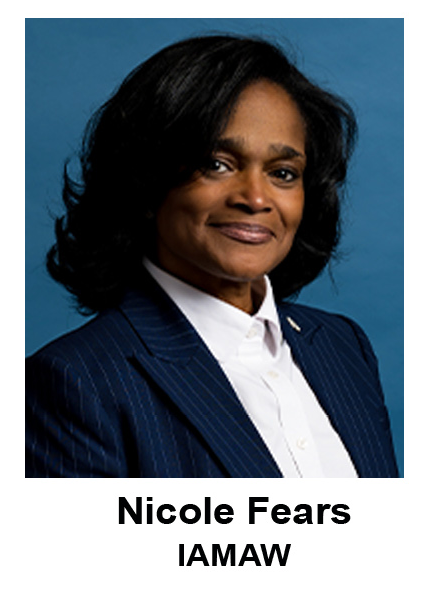 Portrait of Nicole Fears in a navy blazer against a blue background, labeled IAMAW