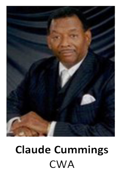 Portrait of Claude Cummings in a dark suit, seated against a black backdrop, with “CWA” below.