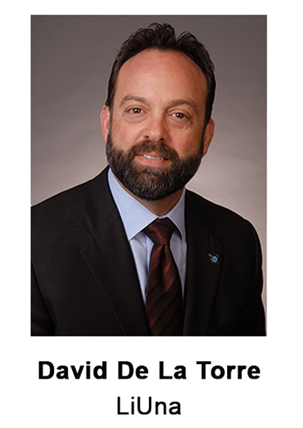 Headshot of David De La Torre in a dark suit, white shirt, and burgundy tie, labeled “LiUna”
