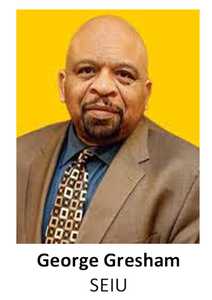Portrait of George Gresham in a suit on a yellow background, labeled SEIU