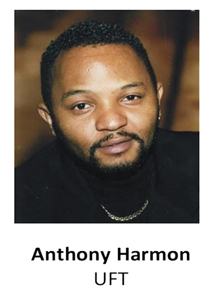Portrait of Anthony Harmon with a slight smile, wearing a black shirt and chain necklace, labeled UFT