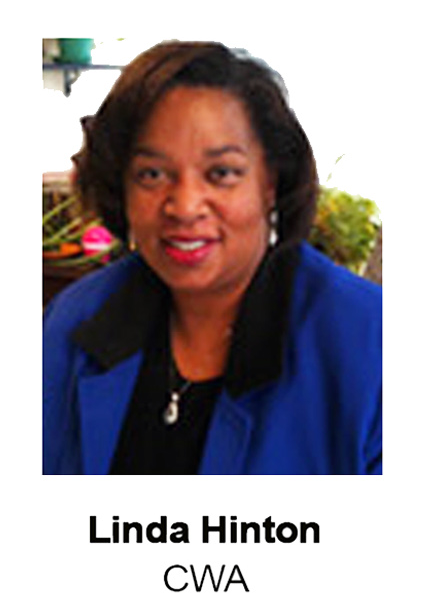 Portrait of Linda Hinton in a blue blazer, smiling against a white background, with name and CVA title below