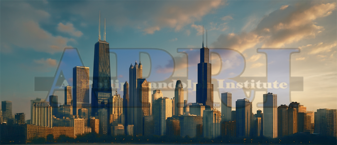 Chicago Cityscape with a faded APRI logo across it
