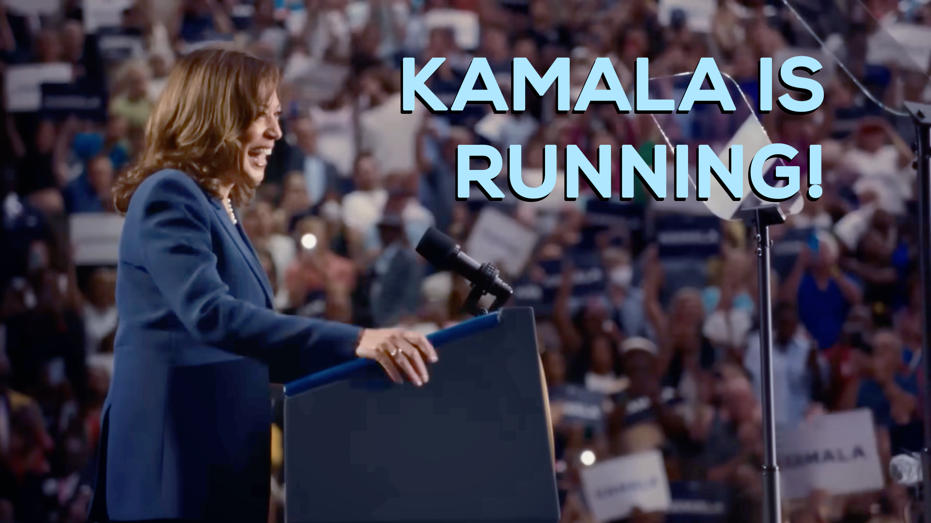 Kamala Harris at a podium 2024 with the words Kamala is Running