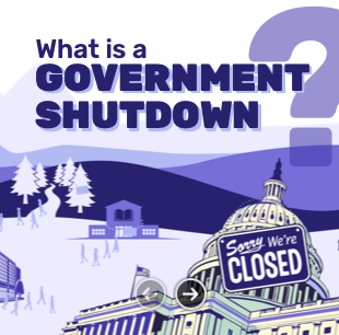 A graphic of the Capitol Building with elements symbolically reresenting a government hut down