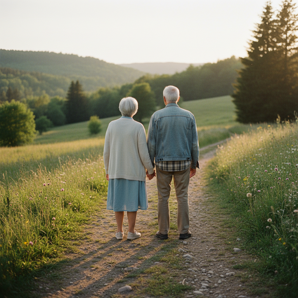 Two people walking hand in hand on a sunlit country path through green hills at sunset