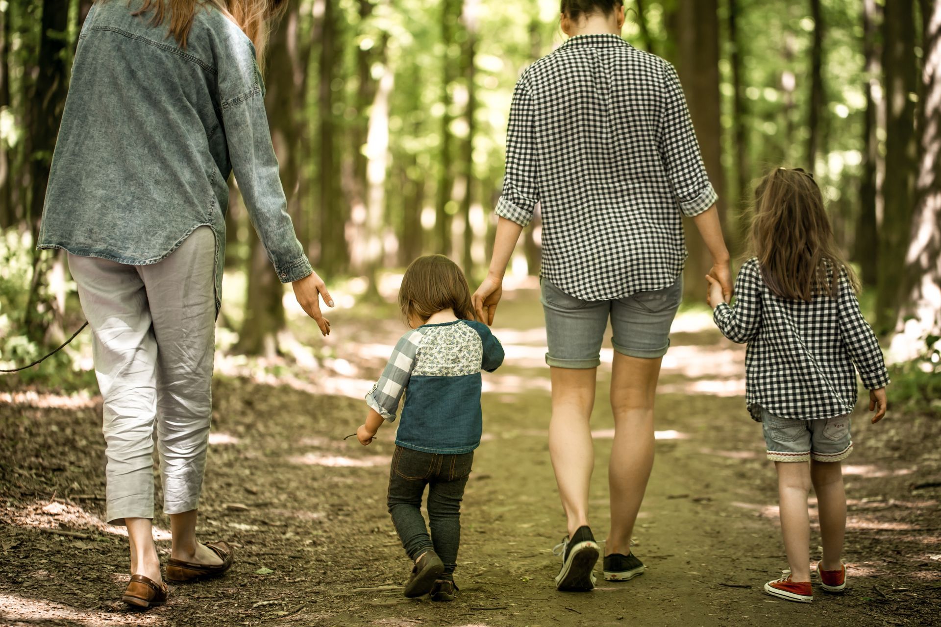 Family walking along a forest path with two adults and two children, viewed from behind