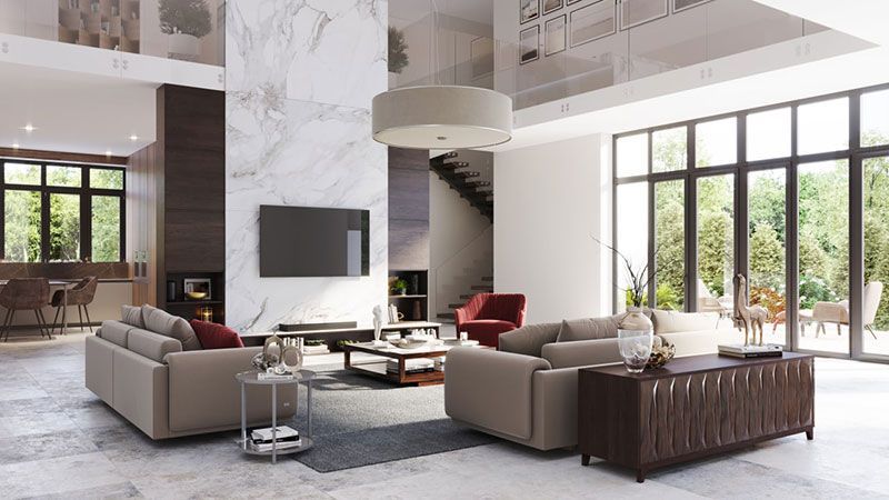 Bright luxury open-concept living room with modern interior design