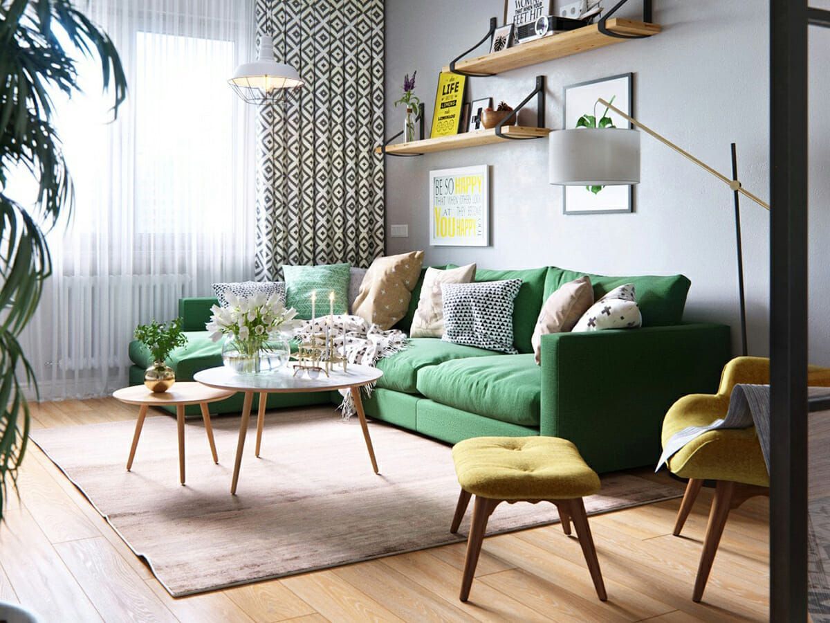 Modern green living room with stylish spring-inspired interior decor