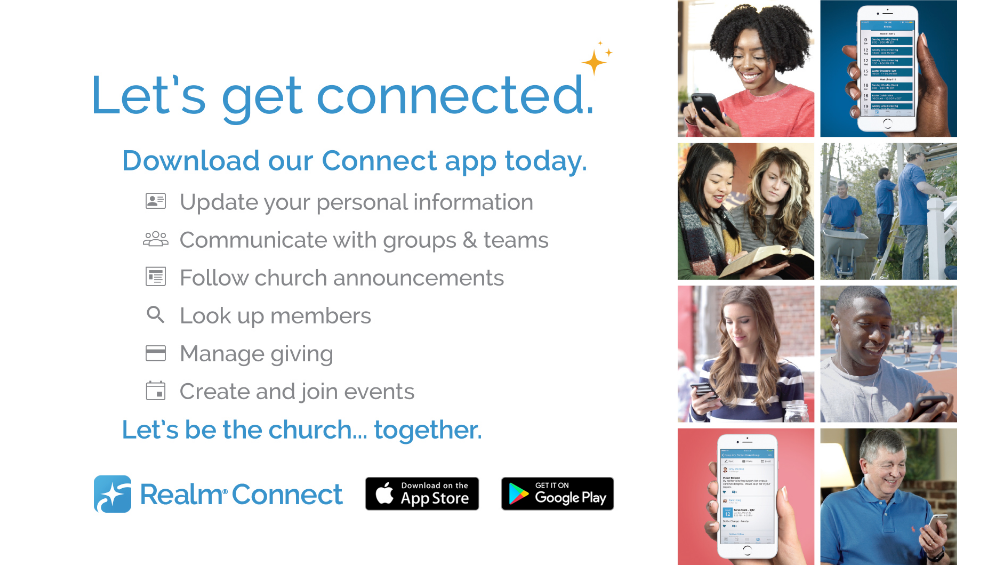 Promo for RealmConnect app: “Let’s get connected” with feature list and phone screenshot collage