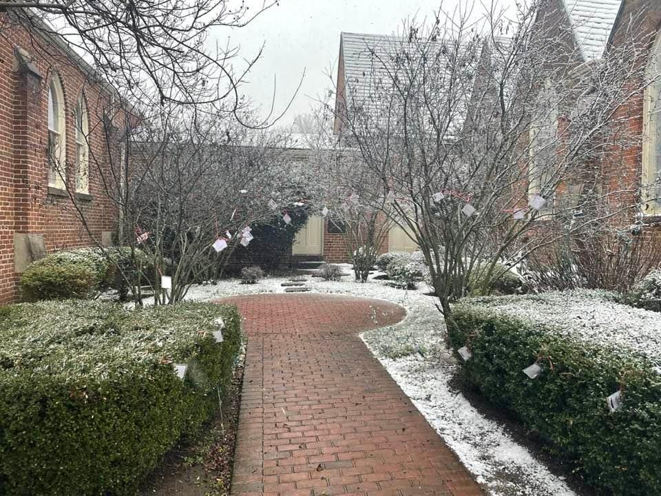 st. john's memorial garden in the snow