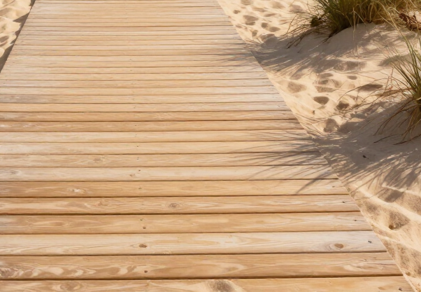 Passerella di legno tra dune di sabbia e erba di spiaggia, immersa in una luce solare soffusa.