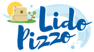 Logo di Lido Pizza con testo blu, mascotte a forma di scatola di pizza e sole giallo su sfondo azzurro.