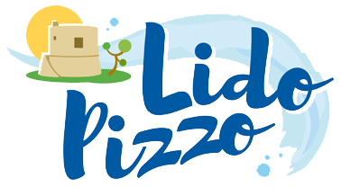 Logo di Lido Pizza con testo blu, mascotte a forma di scatola di pizza e sole giallo su sfondo azzurro.