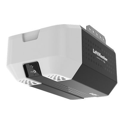 Black-and-white LiftMaster garage door opener unit with mounting bracket