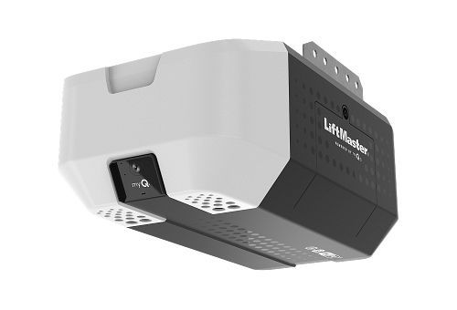 White and black ceiling-mounted garage door opener with lights and control panel