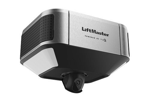 LiftMaster ceiling-mounted garage door opener with black and silver housing
